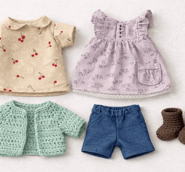 Ropa para muñeca que incluye una blusa con estampado de cerezas, vestido morado, cárdigan