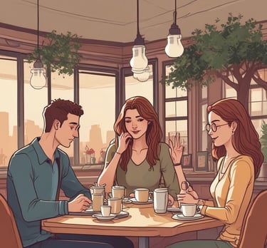 A cozy coffee shop setting with men chatting and enjoying coffee together