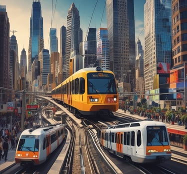 A dynamic collage showing a metro train, tram, light rail vehicle, and RRTS train in motion across a cityscape.