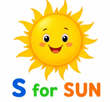 A happy cartoon sun with a smiling face and text reading S for Sun for alphabet learning.