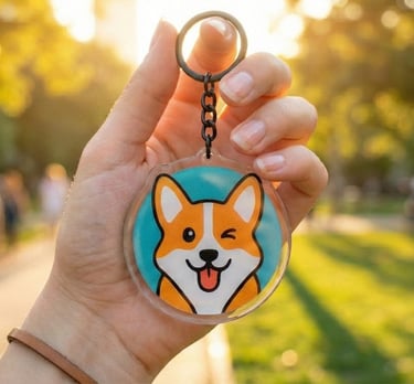 Mano sosteniendo un lindo llavero de acrílico con forma de perro corgi en un parque