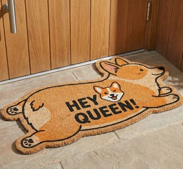 Tapete de corgi saltando en entrada de una casa