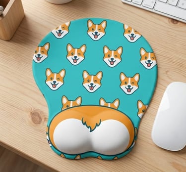 Mouse pad ergonómica con soporte para muñecas en forma de trasero de corgi sobre escritorio