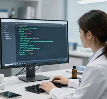 abstract animation of clinical data flows and molecular structures in muted teal and deep navy tones with subtle waveform lines.