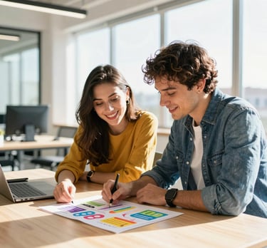 Bright editorial photography of a modern, sunlit Maslak office, two smiling young creative partners looking over a colorful brand strategy sketch on a light wood desk, natural high-key daylight, 35mm lens, shallow depth of field.