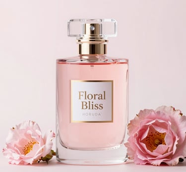 A close-up of a delicate floral perfume bottle resting on soft petals.