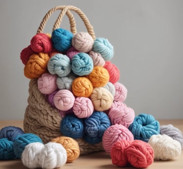 Close-up of a chunky yarn bag in soft pastel colors resting on a milky oat cream background.