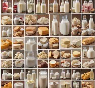 An assortment of dairy products including milk, cheese, and yogurt neatly organized.