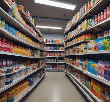 A selection of household essentials like cleaning supplies and toiletries on store shelves.