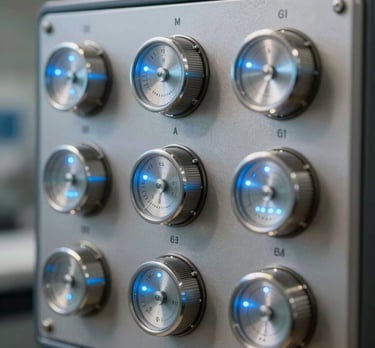 A high-resolution scientific instrument panel with glowing light blue indicators and brushed metal dials, representing precision engineering.