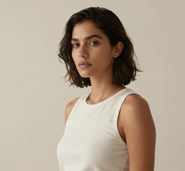 Minimalist shot of an elegant South American / Brazilian woman in a creative studio environment, soft lighting, cream and tan background.