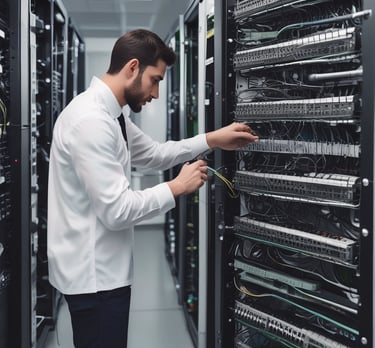 A friendly IT technician assisting a small business owner with network setup in a cozy office.