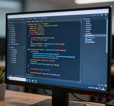 Close-up of a high-tech computer monitor in a US office showing lines of code for a mobile game engine, slate blue lighting.