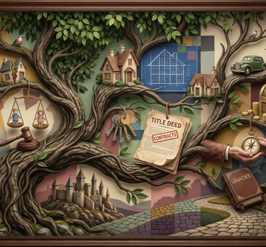 A family tree illustration representing estate planning with icons for wills, trusts, and real estate assets.