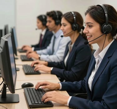 A professional tech support team in a South American call center environment. Organized desks, high-quality headsets, professional and helpful atmosphere.