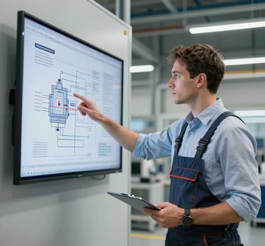 A lead engineer in professional attire standing in a modern factory in Germany, pointing at a technical diagram on a wall-mounted screen. Clean, high-tech industrial environment.