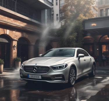 A sleek car gleaming under sunlight with a technician carefully detailing the exterior in a suburban driveway.