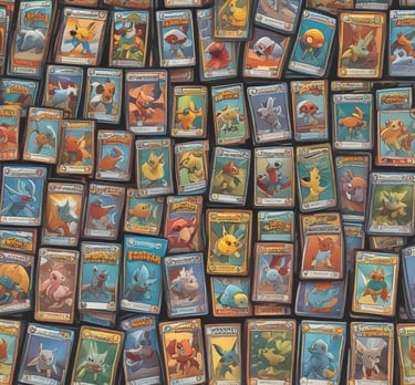 Close-up of colorful collectible cards spread out on a wooden table.