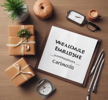 A variety of sleek corporate gifts including branded mugs, notebooks, and pens arranged on a wooden table.