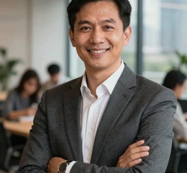 Professional headshot of a team leader in a modern Indonesian co-working space, blurred urban background.