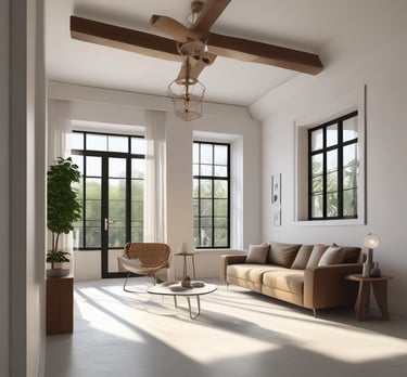 A friendly designer discussing plans with clients over blueprints in a cozy studio.