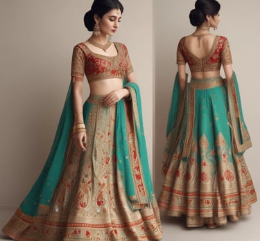 A delicate poshak outfit styled with traditional jewelry on a rustic wooden chair.