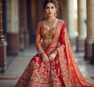 A delicate poshak outfit styled with traditional jewelry on a rustic wooden chair.