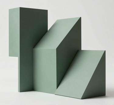 An abstract artistic visual element consisting of geometric sage green and charcoal shapes against a pure white background, reflecting modern creativity.