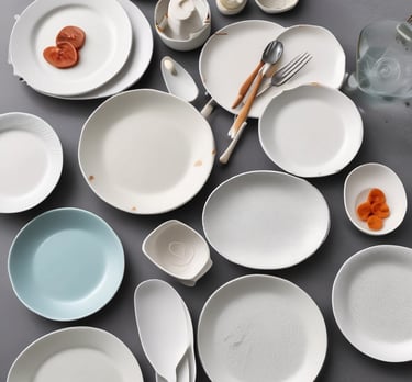 A rustic wooden table set with colorful ceramic plates and matching cups in natural light.