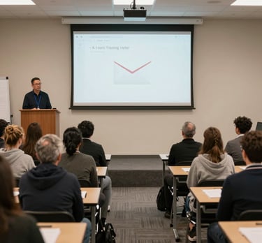 A professional trainer leading a virtual cybersecurity workshop with engaged participants.