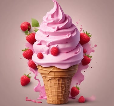 Pink raspberry soft serve ice cream swirl in a waffle cone with fresh berries.