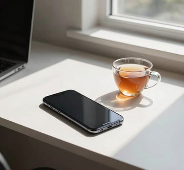 A minimalist lifestyle photo of a modern desk with an Android phone and a cup of tea. Sunlight streams in from a window in a North American home office. Peaceful and professional.