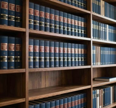 A large bookshelf filled with professional law volumes in a Brazilian office. Muted colors, dark blue and wood, representing a deep foundation of knowledge.