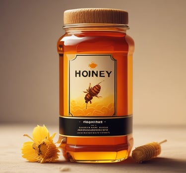 Glass jars of natural honey and herbal teas displayed on a wooden shelf.