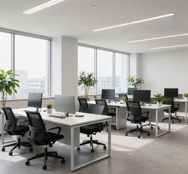 Clean, wide-angle shot of a bright Japanese office with minimalist desks and plants, large windows, professional and modern environment.