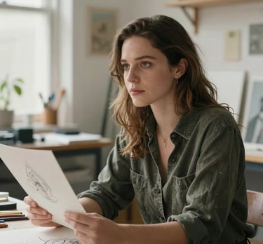 A portrait of Kathryn Delaney in her sun-filled studio, looking thoughtfully at a new sketch, surrounded by artistic materials.