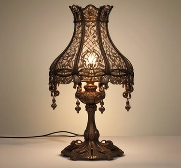 Large, elegant flower-shaped lamps made of translucent material are illuminated against a dark background. The design features organic curves and lines, resembling petals unfolding towards the sky. The lighting creates a soft, atmospheric glow that enhances the texture and structure of the lamps.