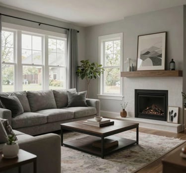A beautifully styled living area in a North American home featuring a mix of neutral gray textures, a modern fireplace, and large windows providing soft natural light.