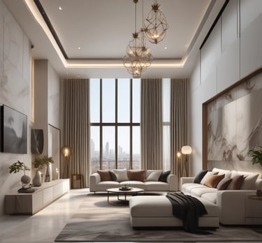 A bright and airy 3 BHK living room with modern interiors and large windows at Sobha Rivana.