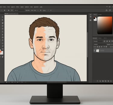 Digital male character shown on a computer screen.