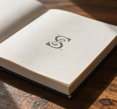 Detail of a luxury brand book with heavy paper and embossed logo, resting on a dark wood table in a sunlit Spanish loft.