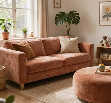 A cozy living room bathed in warm coral and sandy brown tones with soft rounded furniture edges