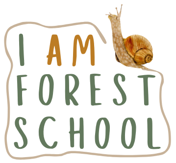 Business logo - a snail crawling on a sign that says I AM Forest School