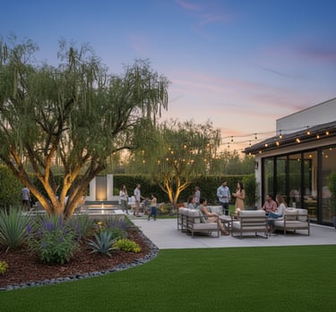 A modern backyard with artificial turf and a patio where people are socializing under string lights.