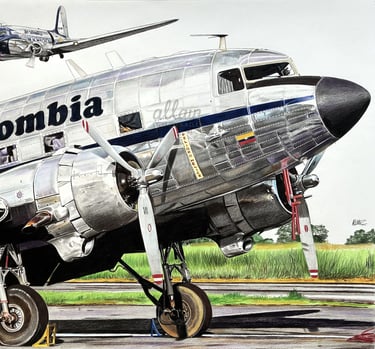 Dessin réaliste en couleurs de l'avion DC-3 Air Colombia