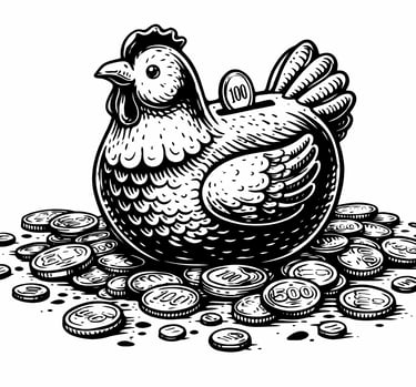 a hench sitting on top of coins in a basket