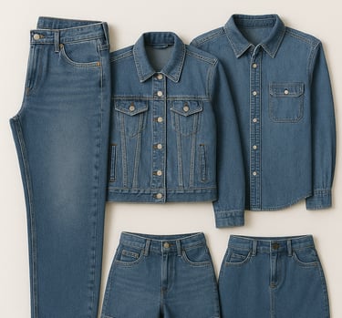Denim garments including jeans, jackets and workwear