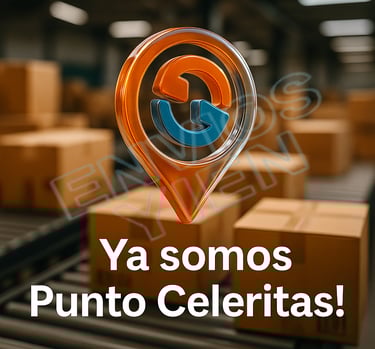 "Logo 3D de Celeritas y cajas. ENVIOS YIEN es nuevo Punto Celeritas en Madrid."