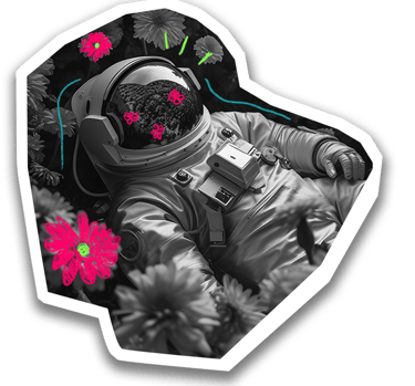 foto preta e branca de um astronauta deitado num campo de flores