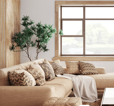 a living room with a couch and a table